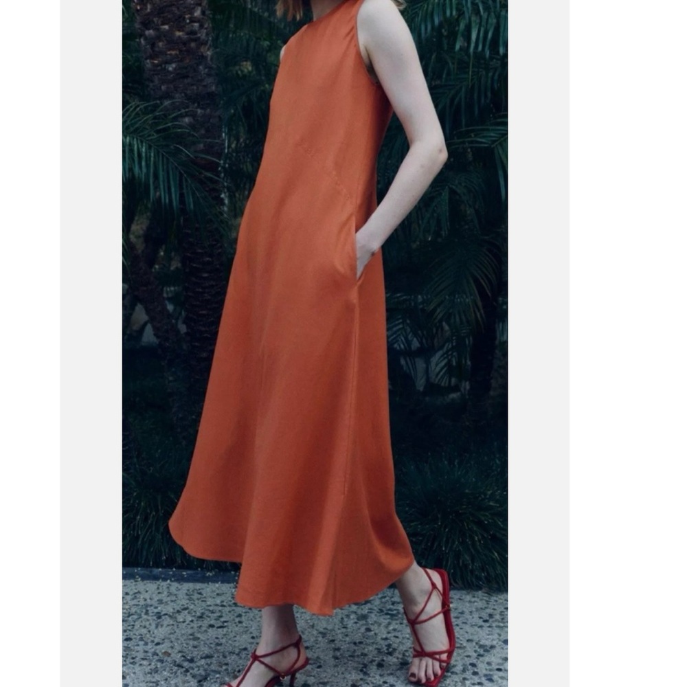 Zara Orange Sleeveless Linen Blend Maxi Sheath Dress Size Small - Picture 2 of 16